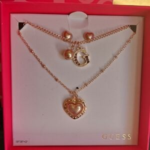 Guess Rose Gold Tone Necklace and Earrings Set with Heart and Charms